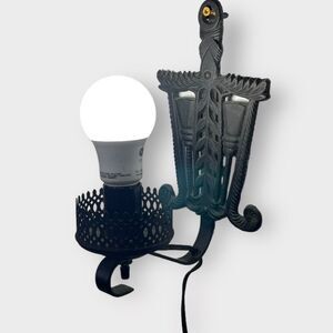 VTG Metal Trivet Converted Light Hanging Sconce Plug In Black Folk Farmhouse